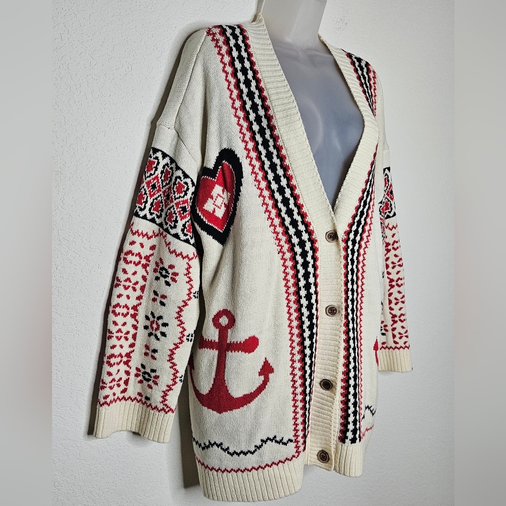 Anthropologie Chunky Knit Cream Nautical Anchor Button Front Cardigan Sweater L - Picture 2 of 13